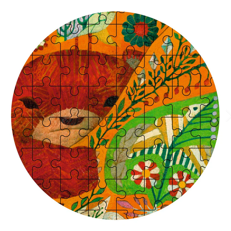 Circular puzzle with a colorful design of a face and nature elements on a white background