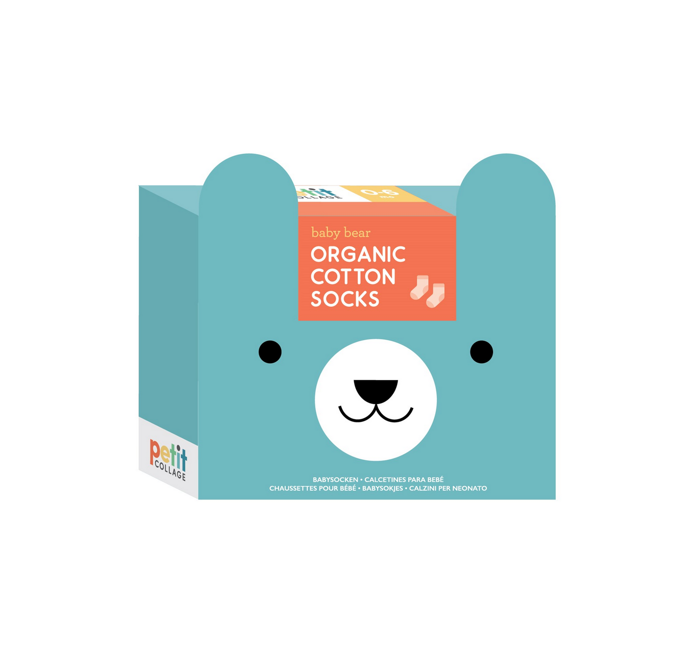 Box of organic cotton socks with a bear design on a white background
