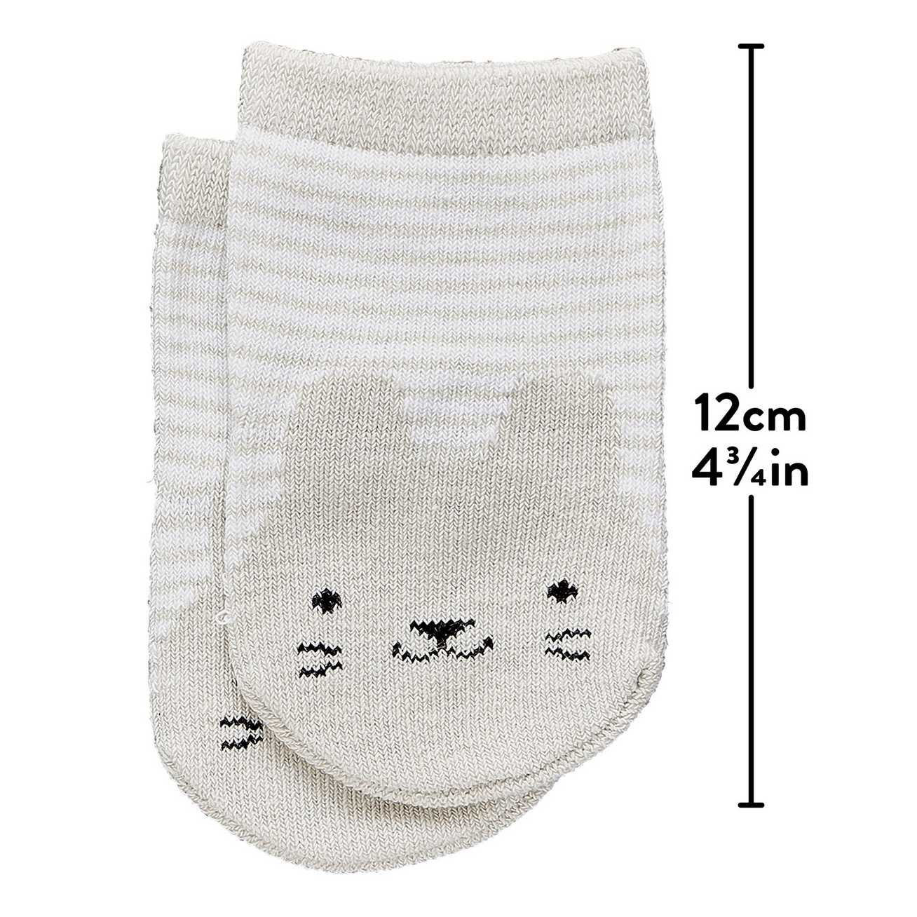 A pair of baby socks with a bunny face design on a white background, showing measurements.