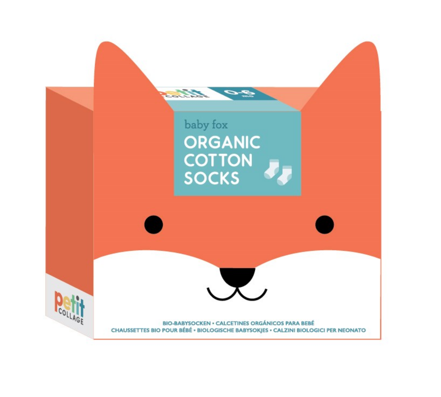 Box of baby fox organic cotton socks with a fox face design on a white background