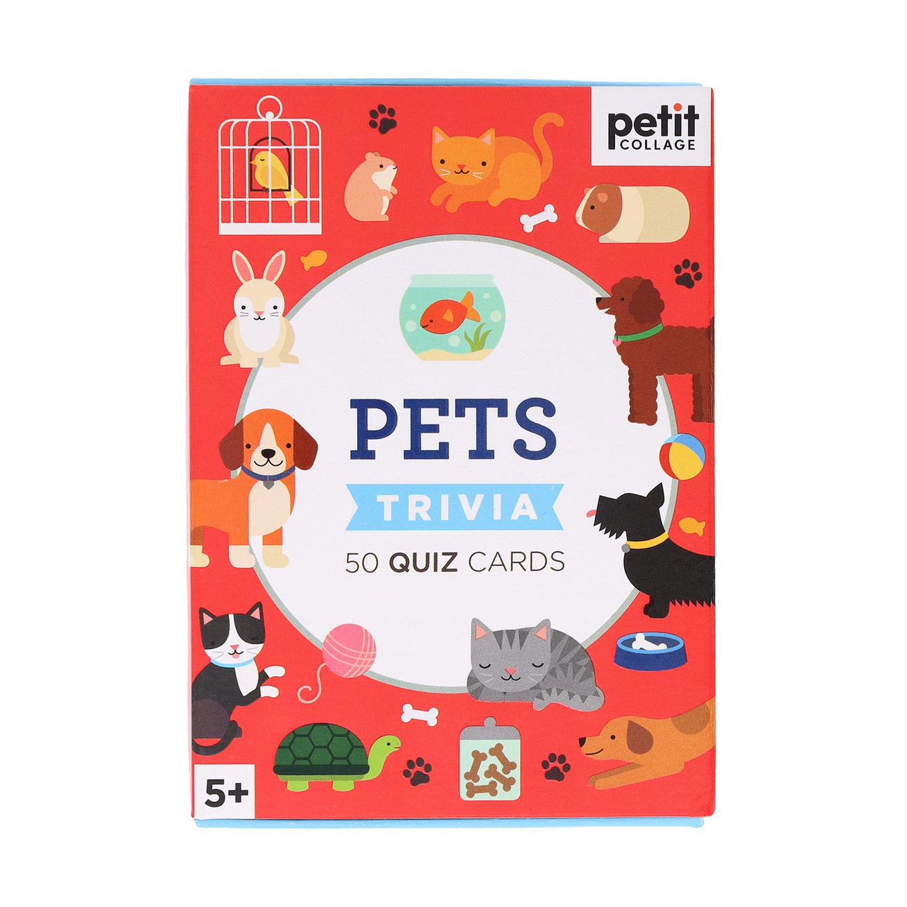 Pet trivia quiz cards packaging with colorful illustrations of pets on a red background