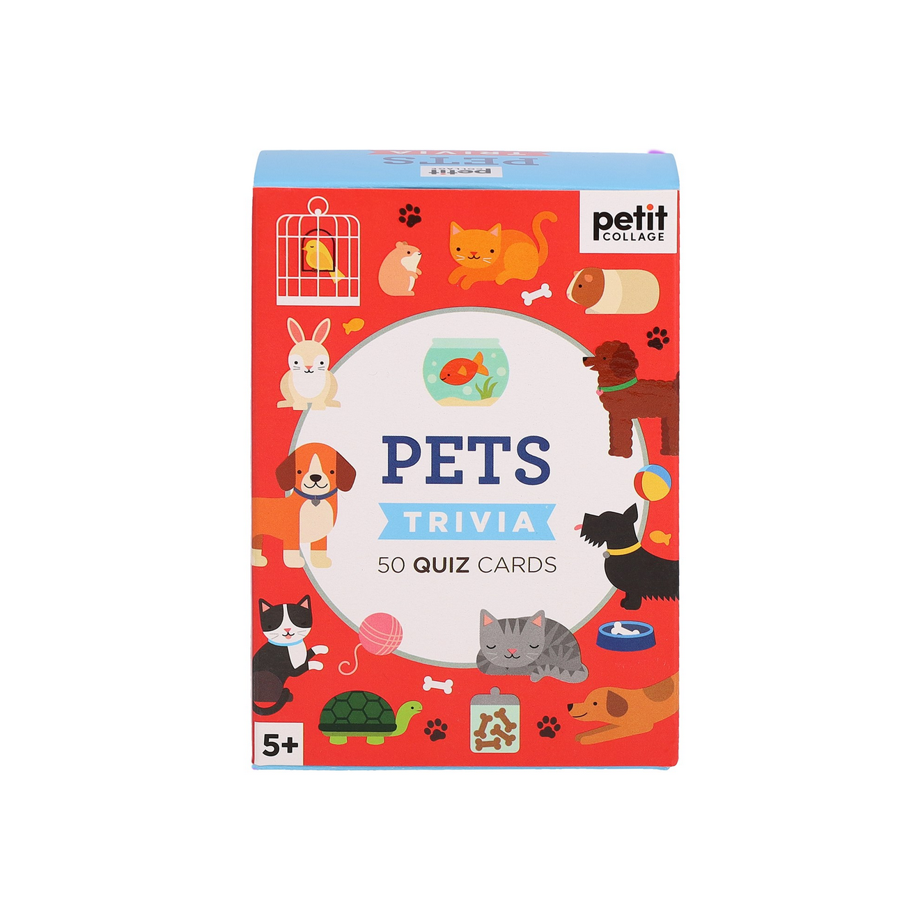 Box of 'Pets Trivia' quiz cards with illustrations of various pets on a red background.