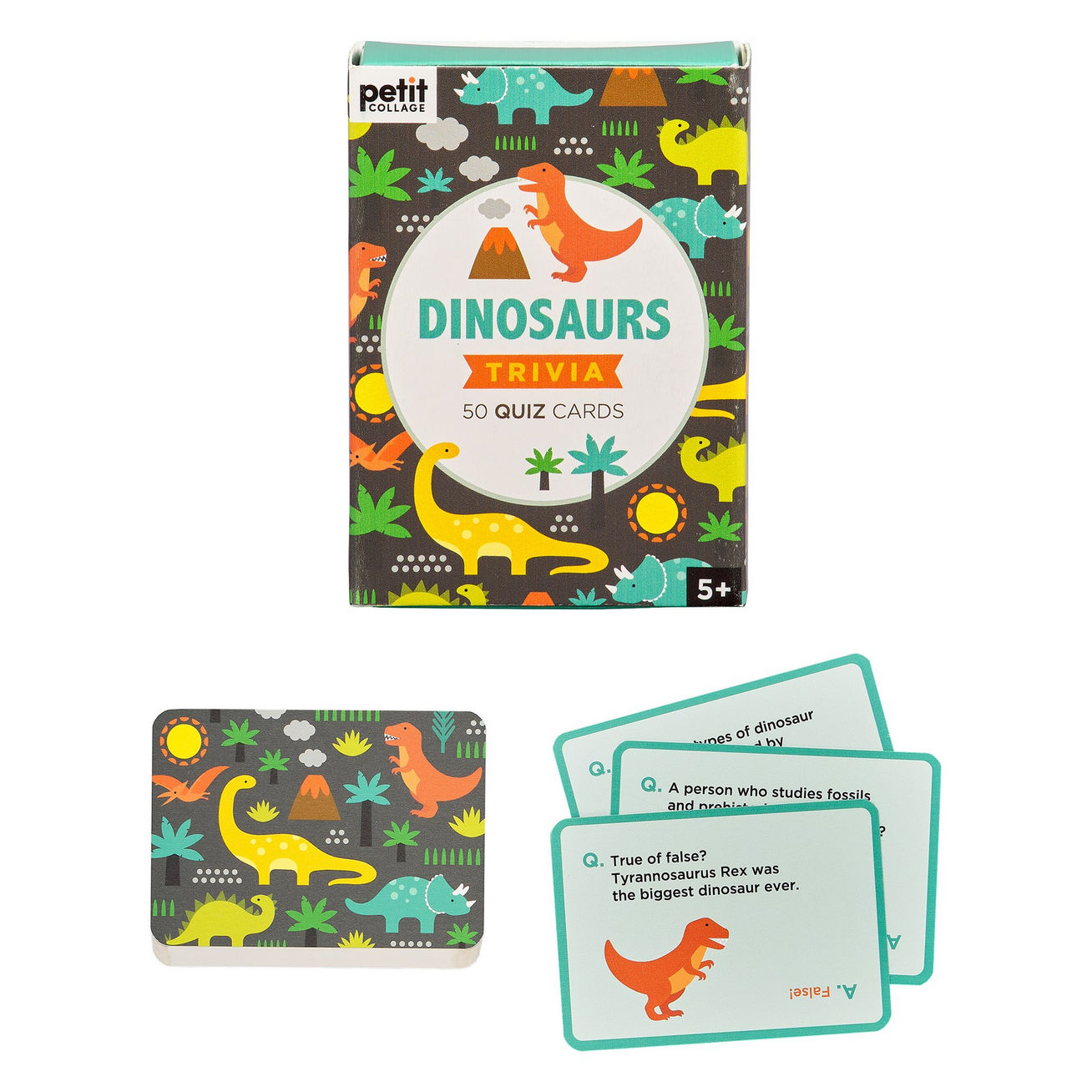 Dinosaurs trivia card game with colorful packaging and cards on a white background