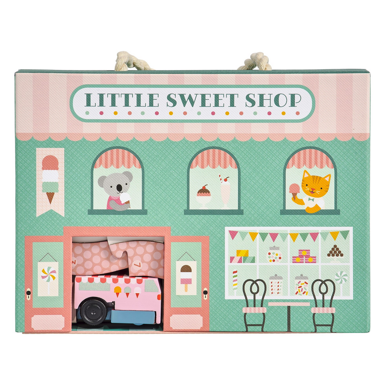 Toy set packaging for a 'Little Sweet Shop' with colorful design and toy figures.