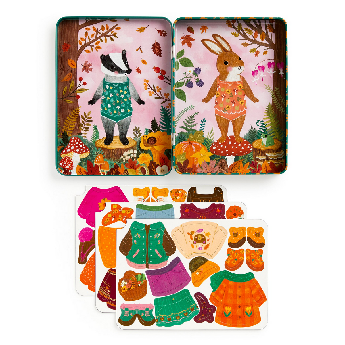 Decorative tin with animal illustrations and a set of clothing stickers on a white background