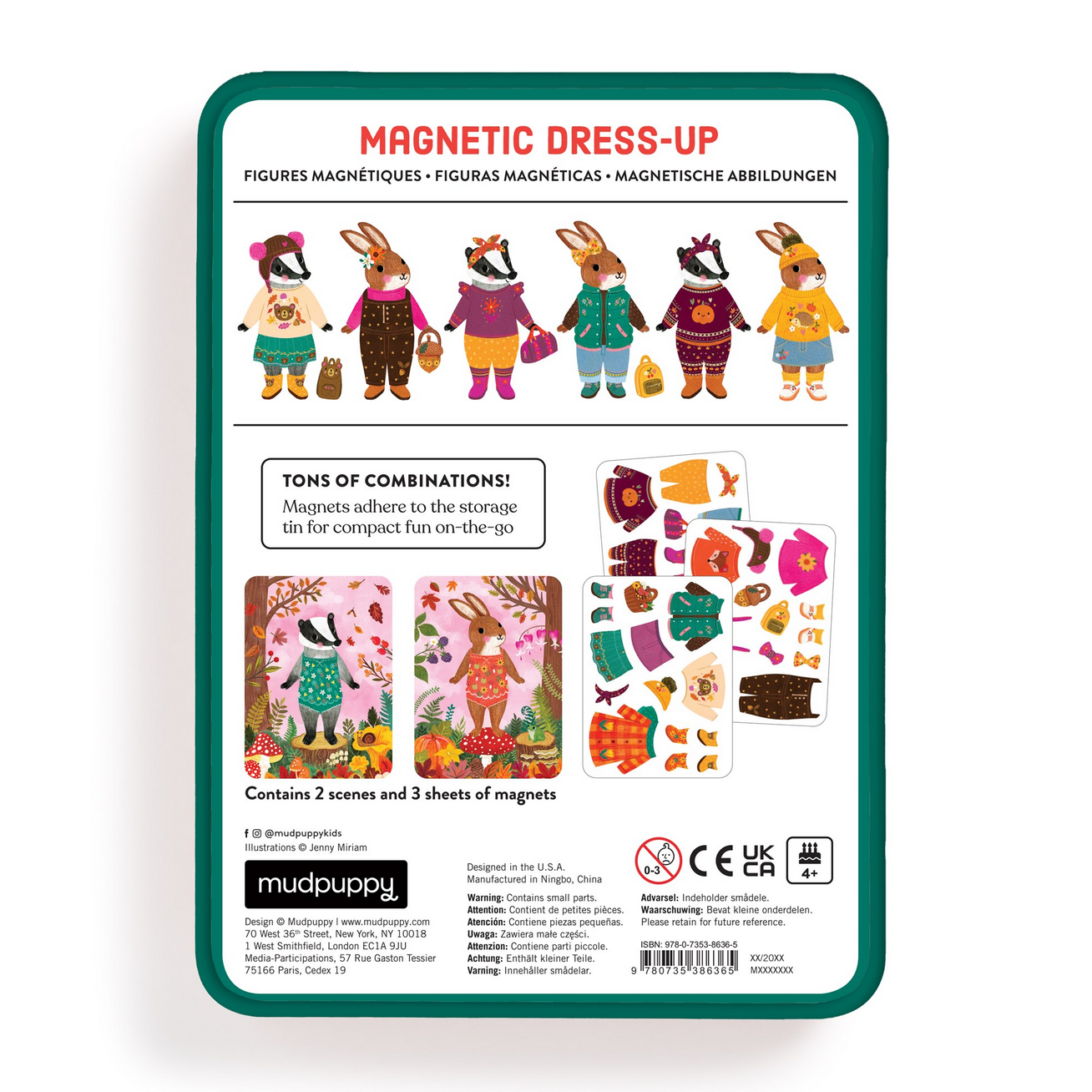 Magnetic dress-up toy packaging with illustrations of animals and clothing on a white background