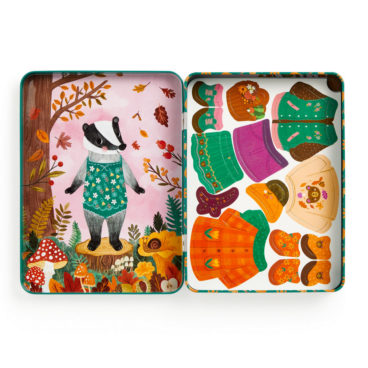 Colorful tin with a badger illustration and autumn-themed designs on a white background