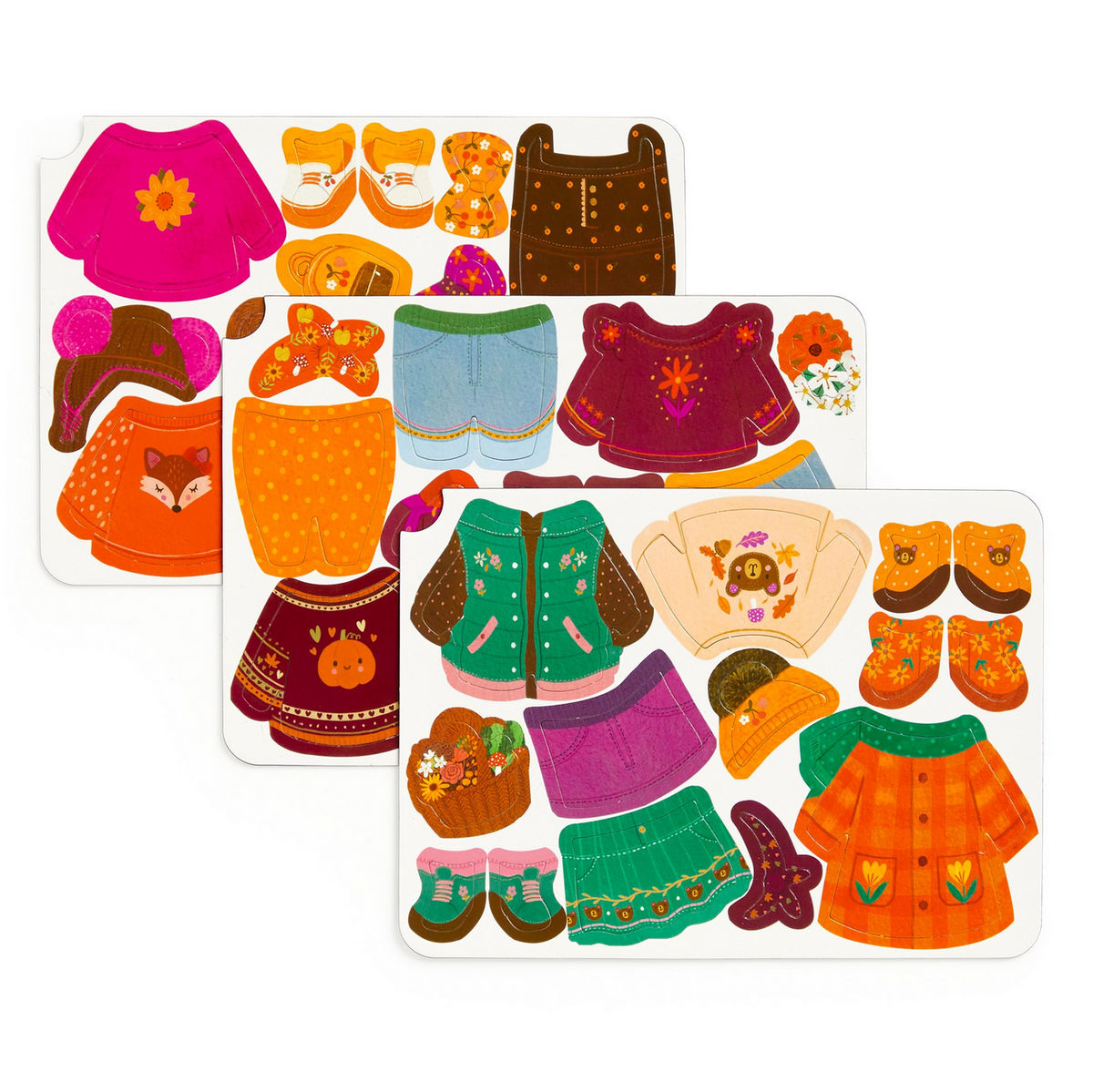 Colorful clothing and accessory stickers on a white background