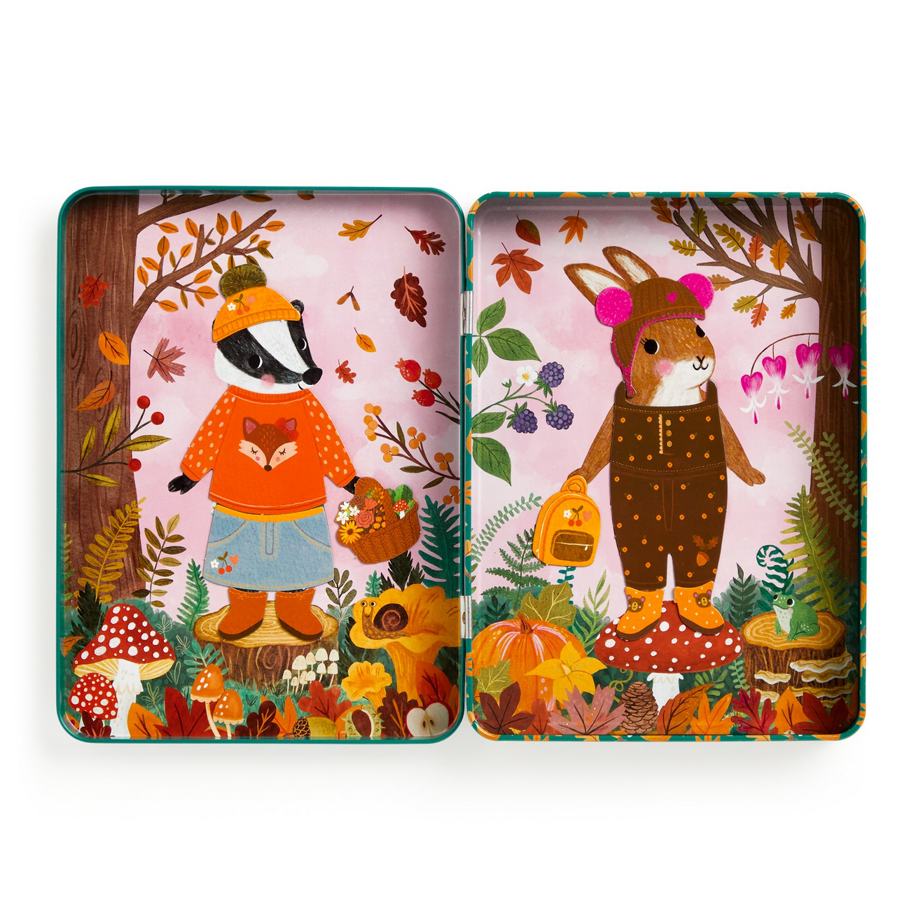 Two tin boxes with autumn-themed illustrations of animals and nature on a white background.