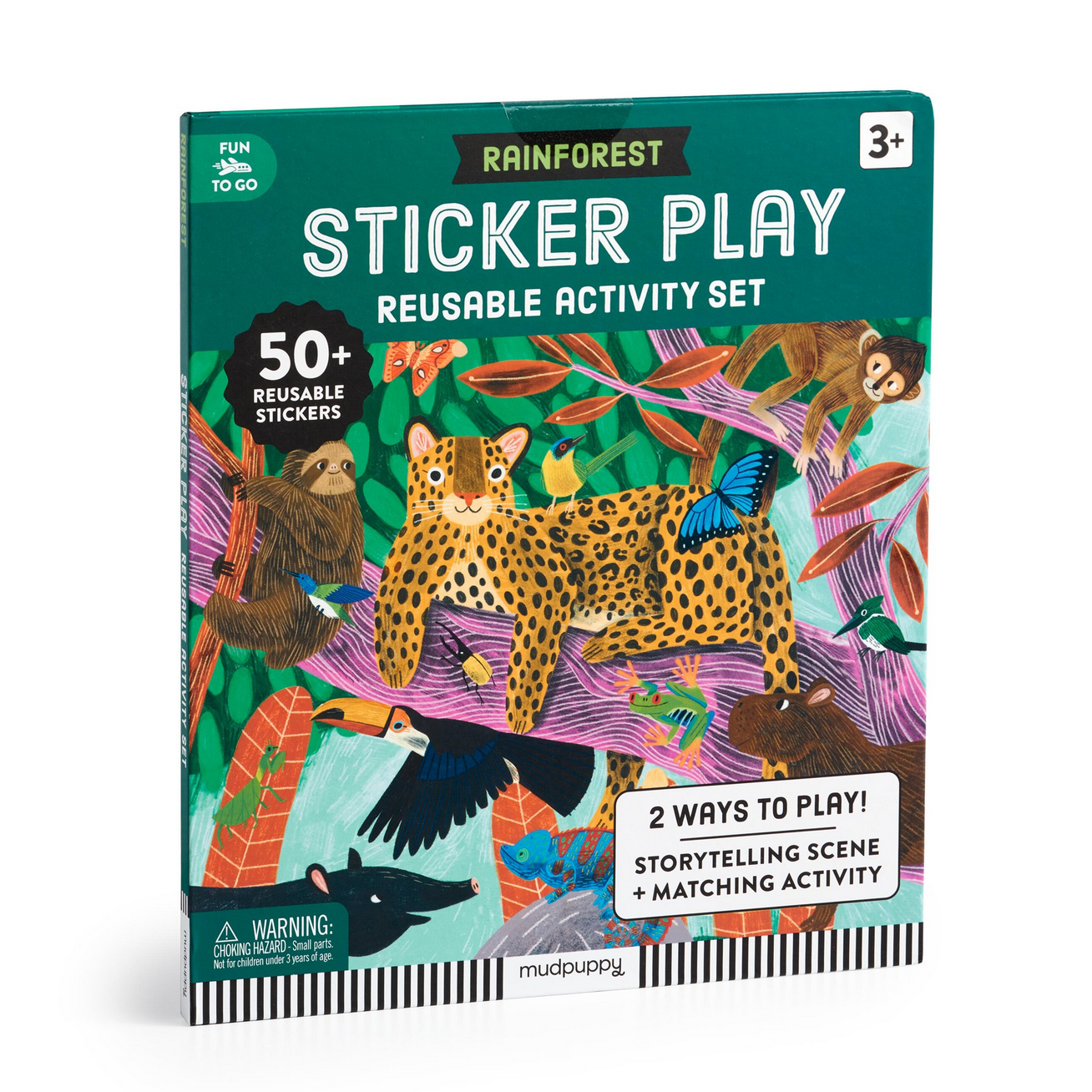 Sticker play set packaging with rainforest animals on a white background