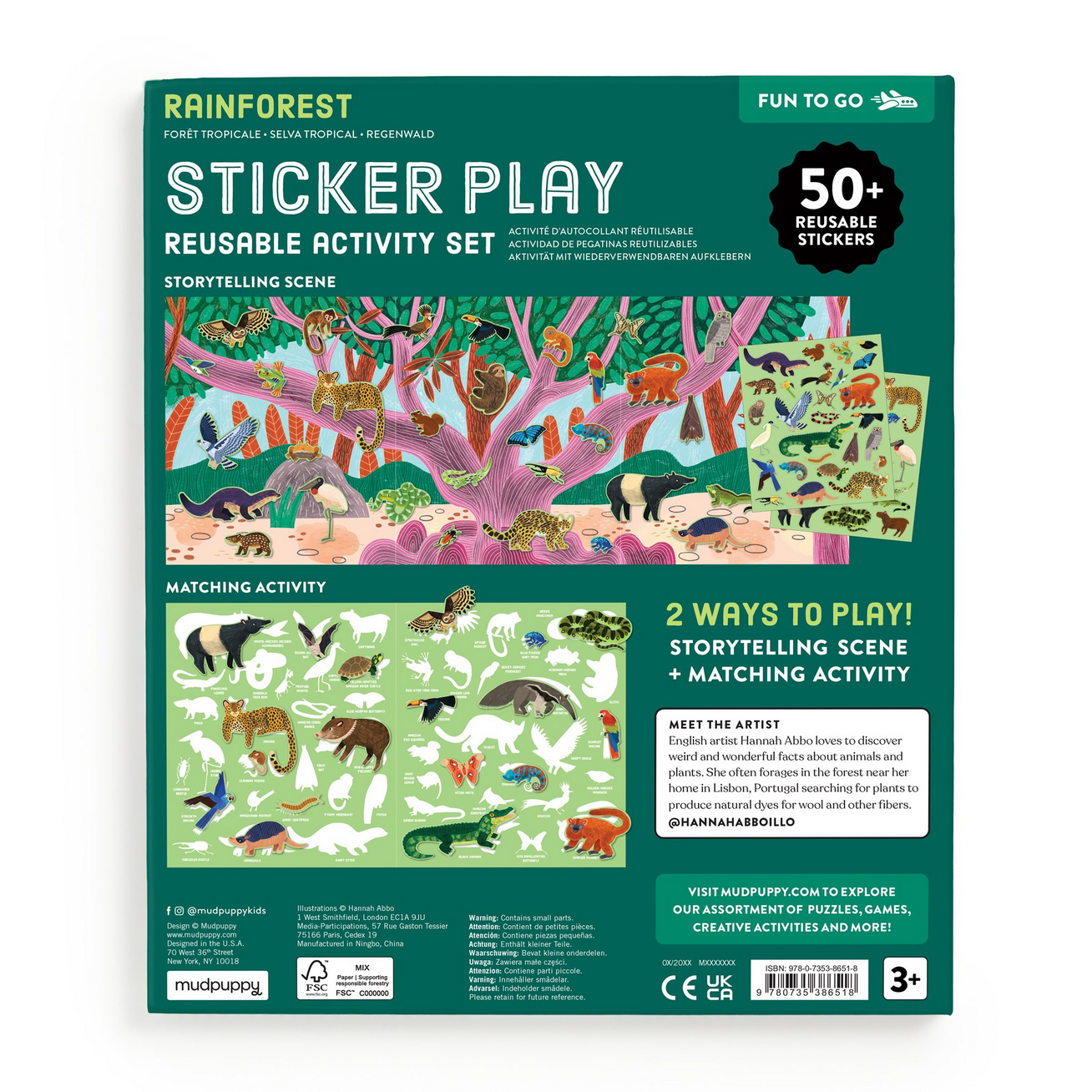 Sticker play set packaging with rainforest design and 50+ reusable stickers.