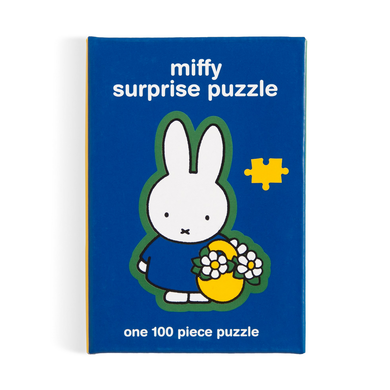 Miffy surprise puzzle packaging with a blue background and Miffy holding flowers.
