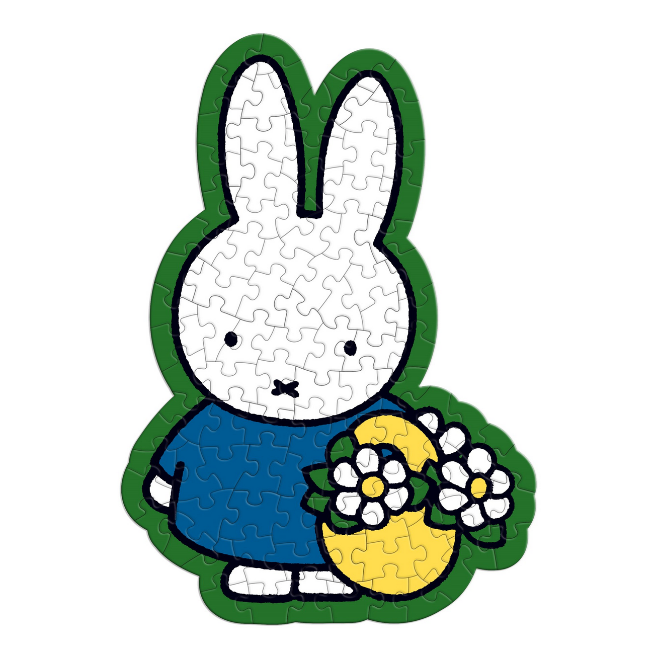 Jigsaw puzzle shaped like a cartoon rabbit holding flowers on a white background