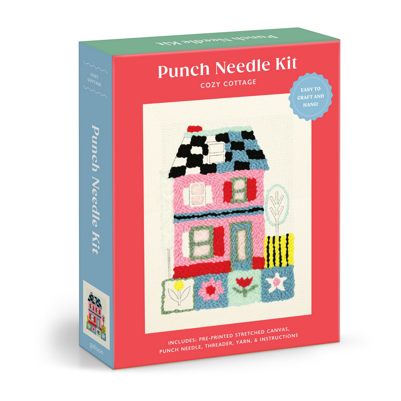 Punch needle kit packaging with a colorful house design on a white background