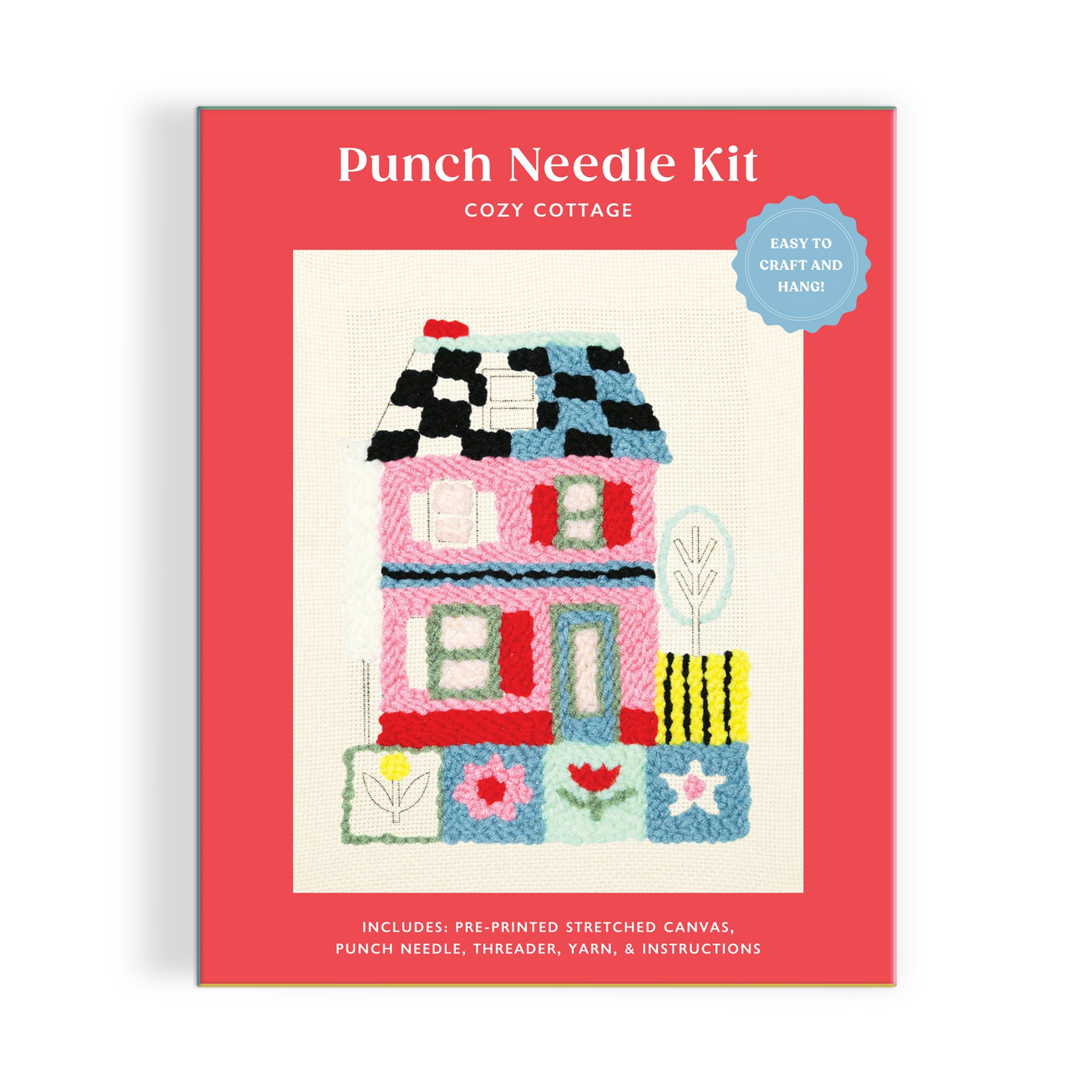 Punch needle kit packaging with a colorful house design on a red background