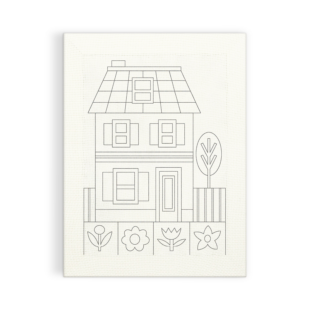 Black line drawing of a house with flowers on a white background