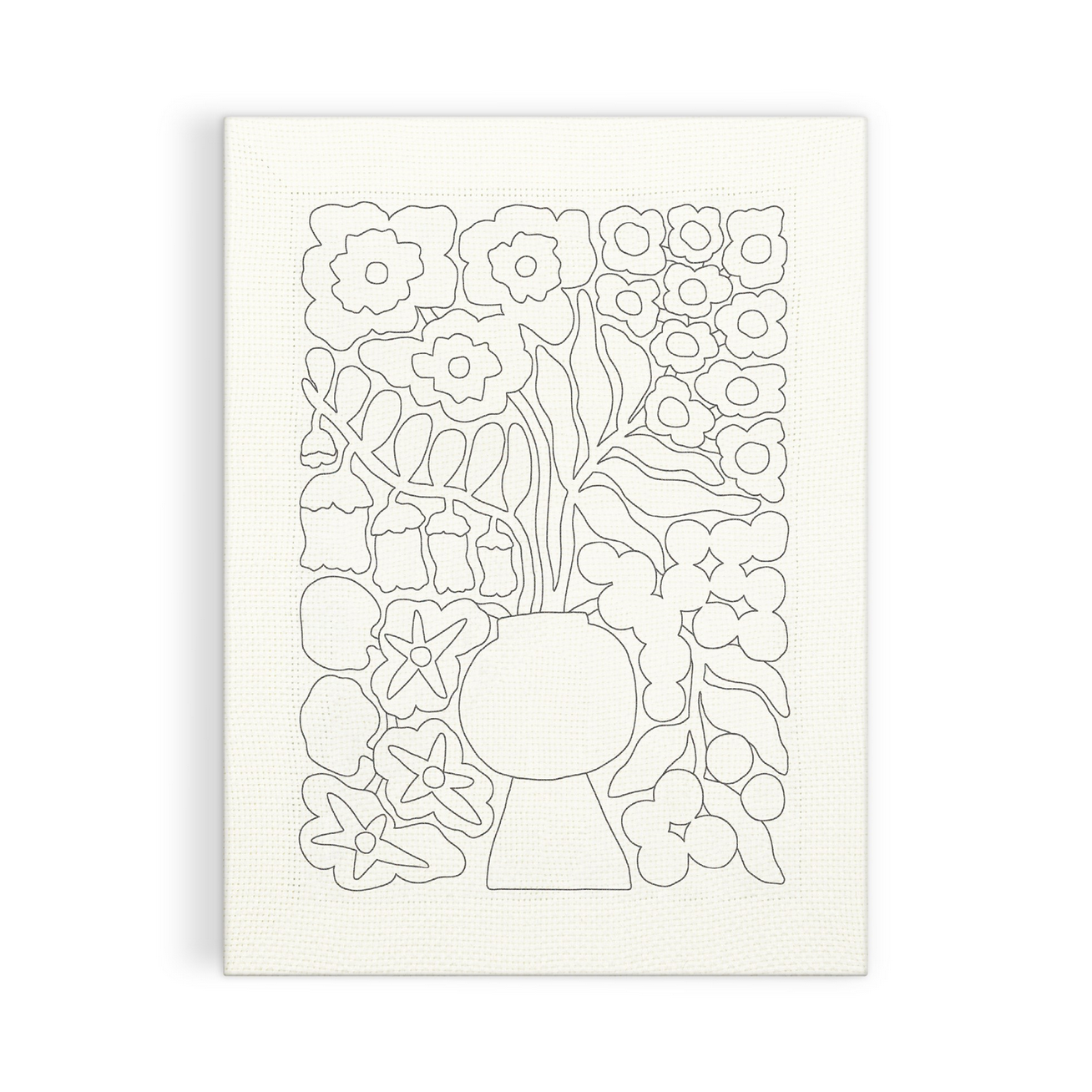 Black line drawing of a floral design with a vase on a white background