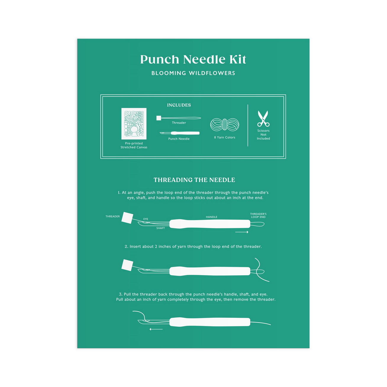 Punch Needle Kit packaging with instructions on a green background