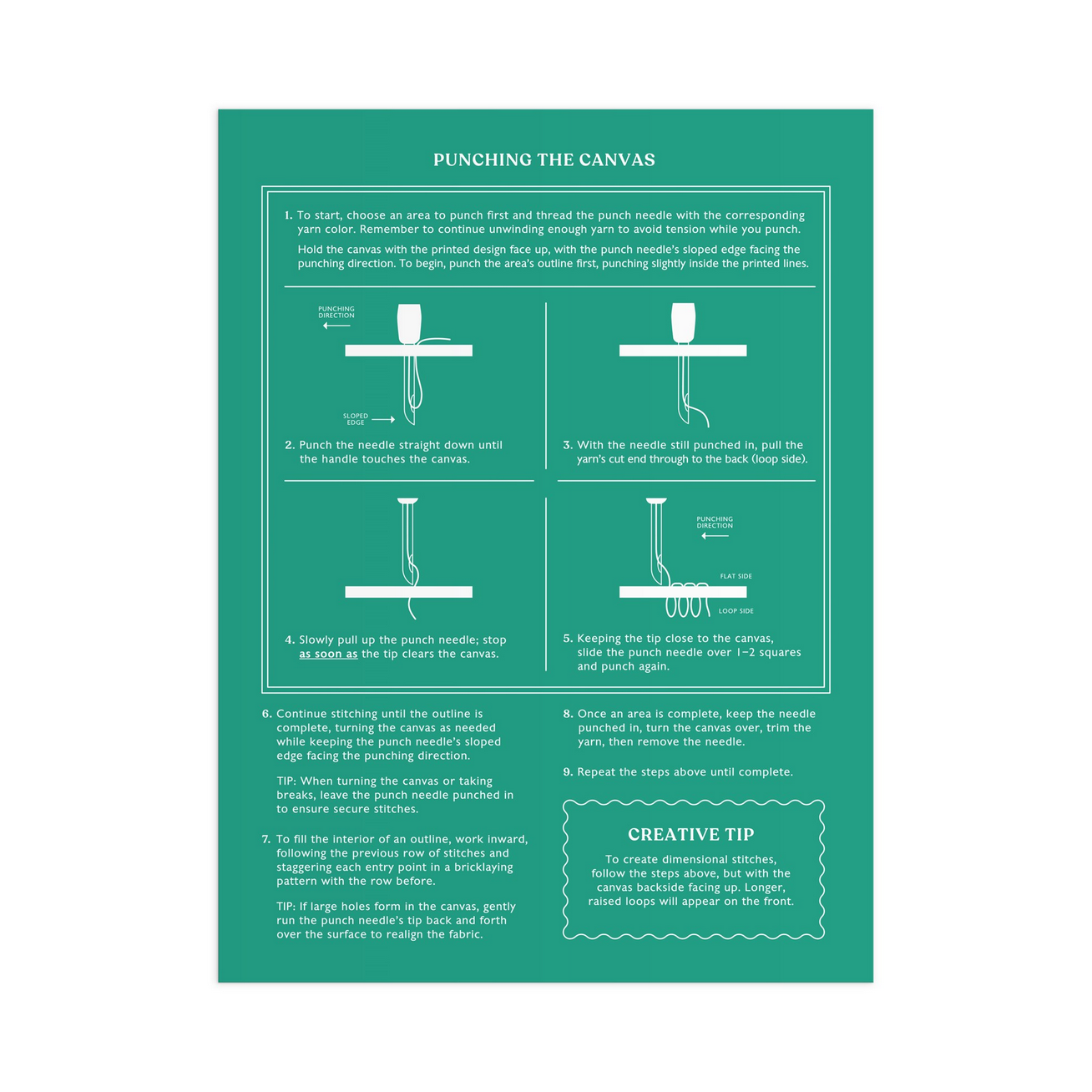 Instructions for punching a canvas on a green background