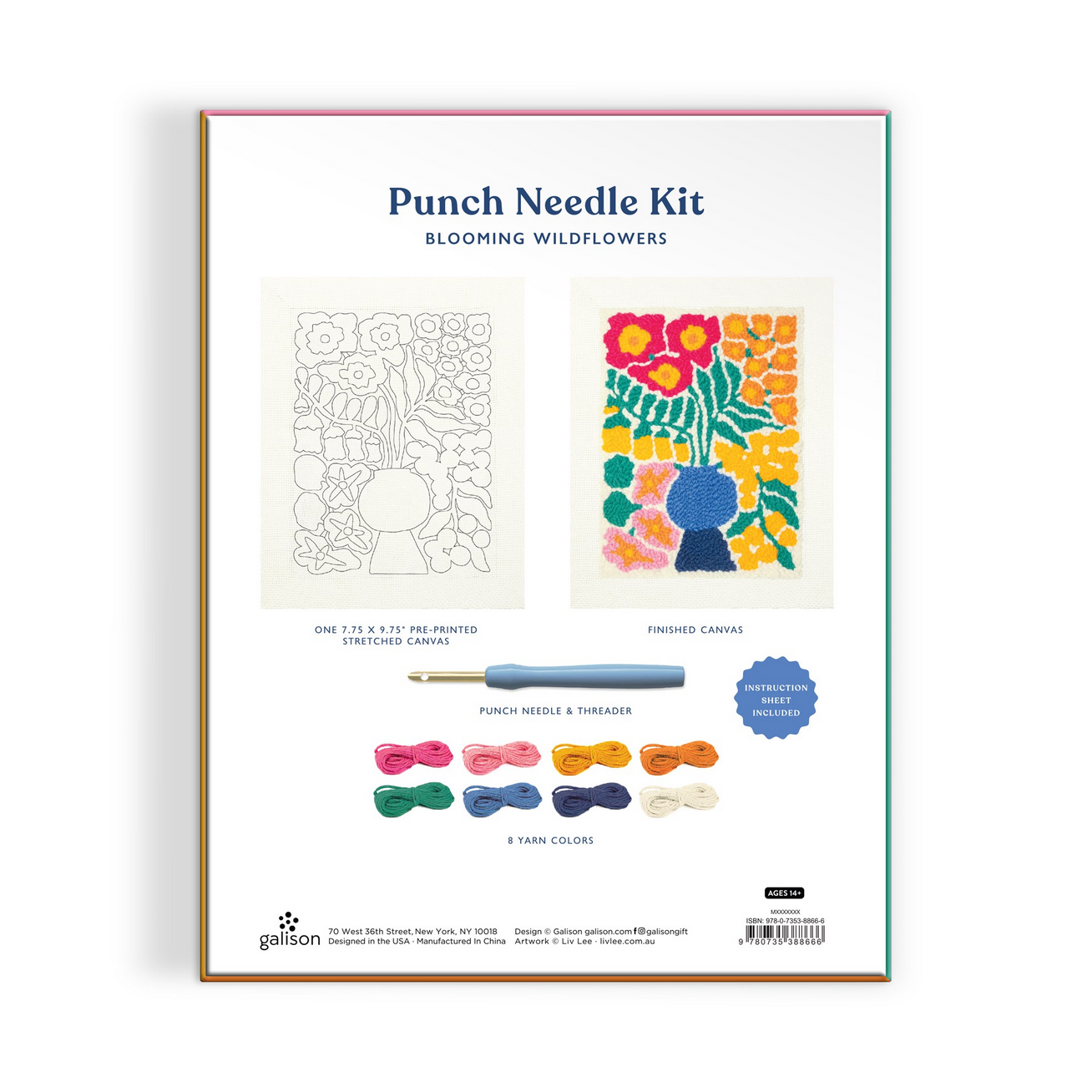 Punch needle kit packaging with floral designs and tools on a white background