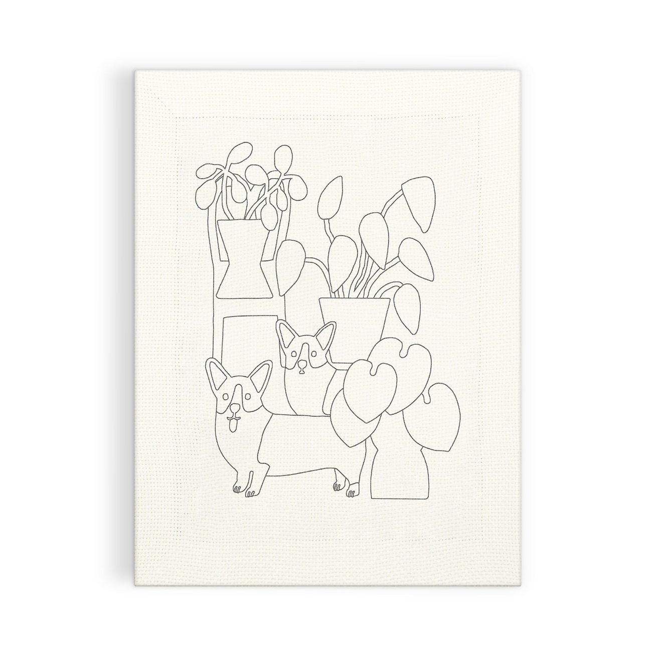 Line art of dogs and plants on a white background