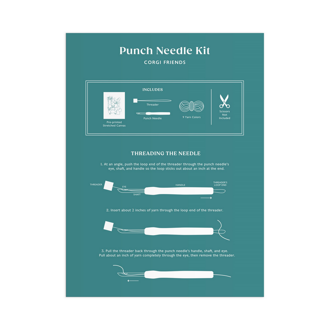 Punch Needle Kit packaging with instructions on a teal background