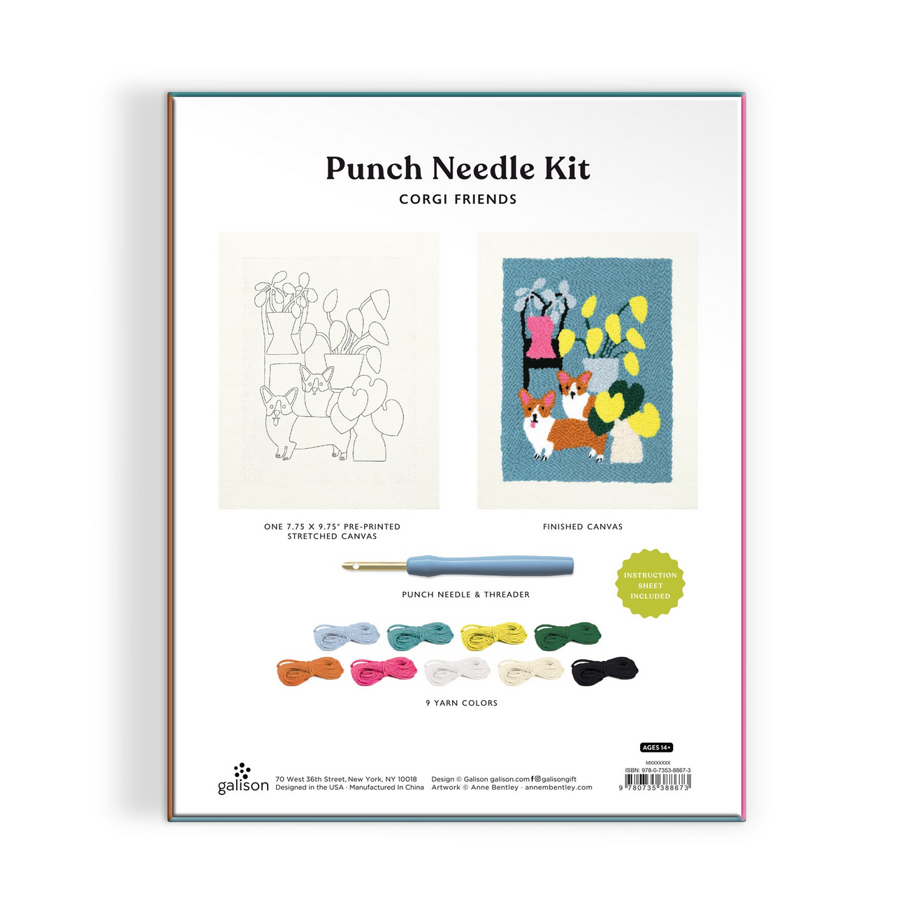 Punch needle kit packaging with illustrations of a corgi and flowers on a white background