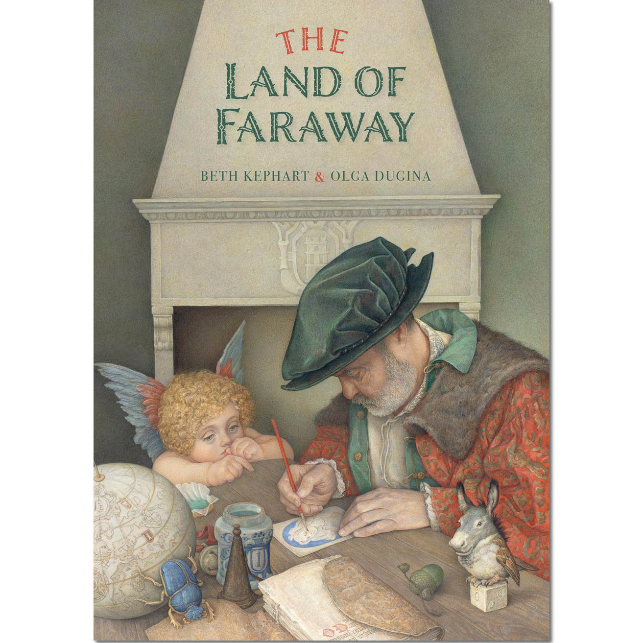 Book cover of 'The Land of Faraway' with illustrations of a man and a child by a fireplace.