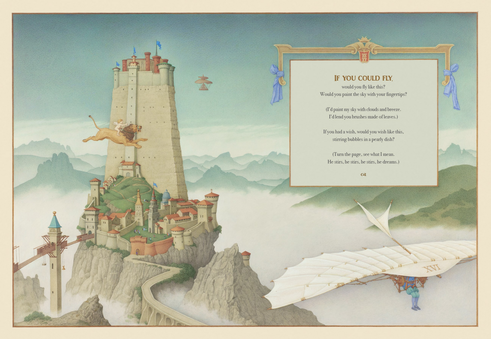 Illustration of a castle on a mountain with a poem on a framed text panel.