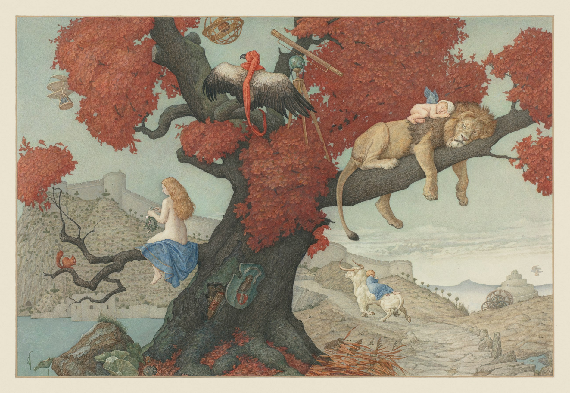 Illustration of a woman and a lion in a tree with birds and a landscape in the background