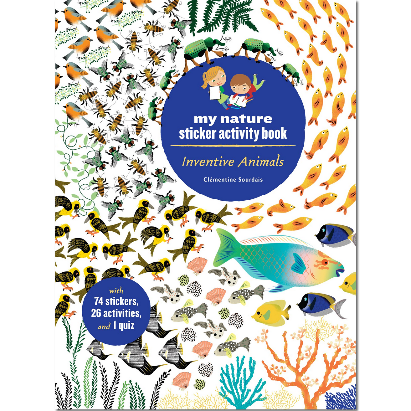 Sticker activity book cover with various animals and nature elements on a white background
