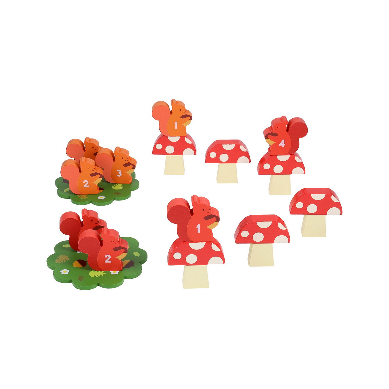 Set of wooden mushroom-shaped number cards with cartoon characters on a white background