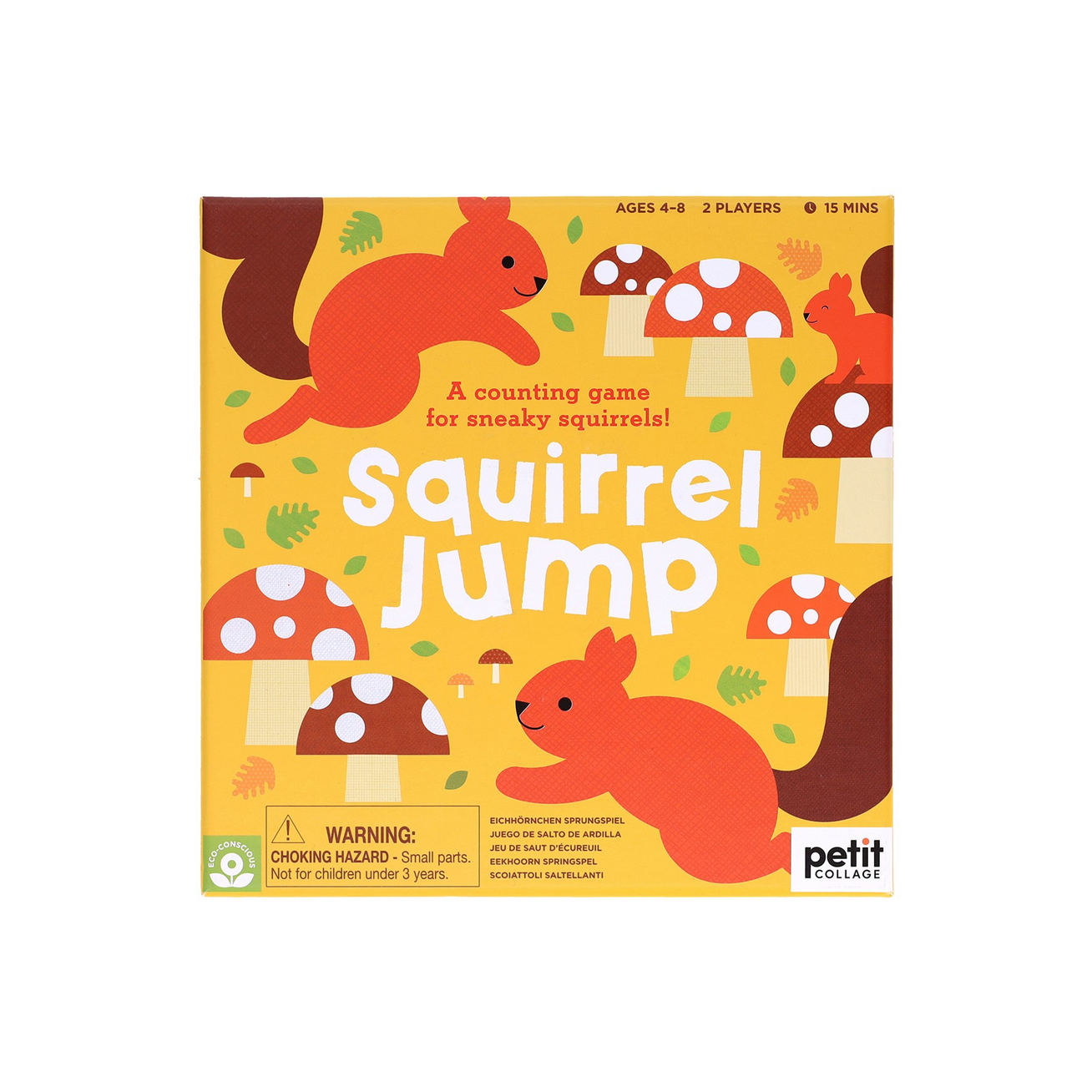 Board game box for 'Squirrel Jump' with orange squirrels and red mushrooms on a yellow background.