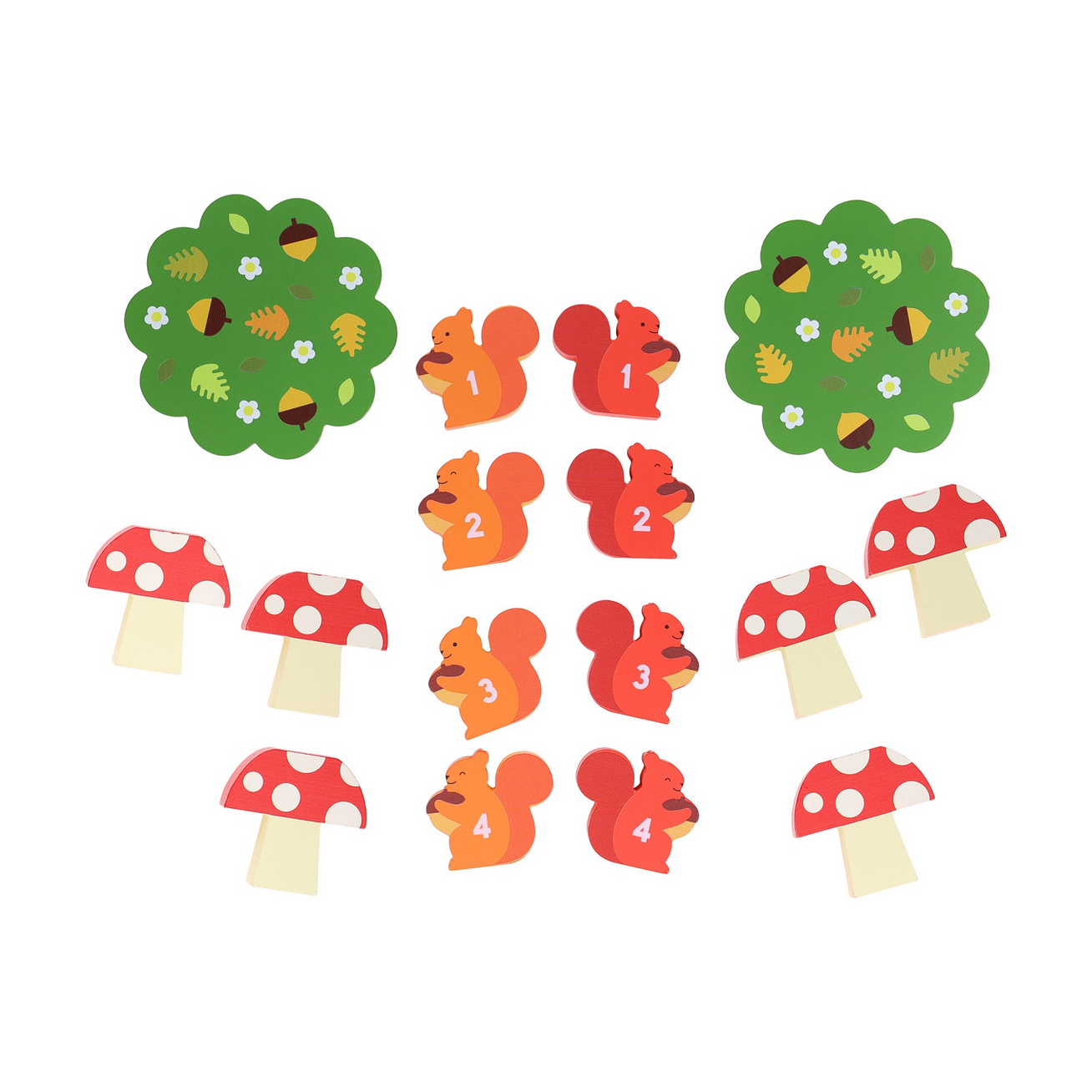 Set of forest-themed stickers with trees, squirrels, and mushrooms on a white background