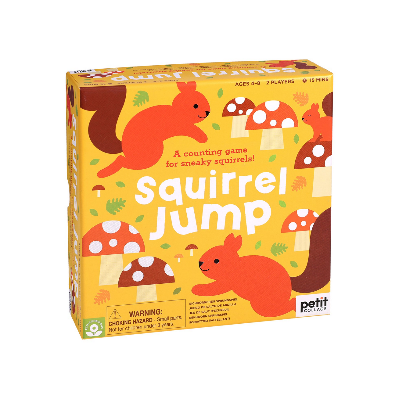 Board game box for 'Squirrel Jump' with colorful design on a white background