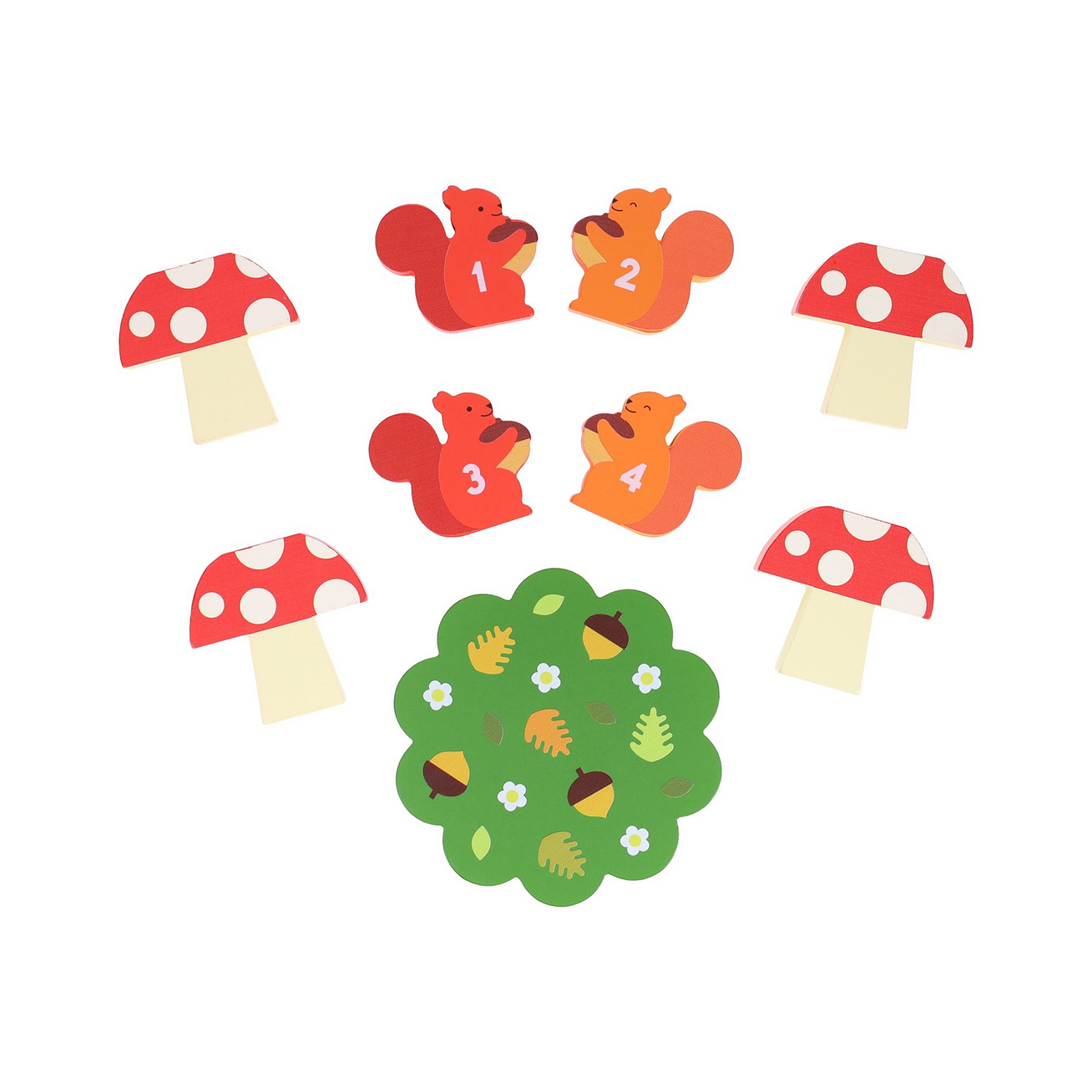 Set of colorful wooden toys including mushrooms and squirrels on a white background