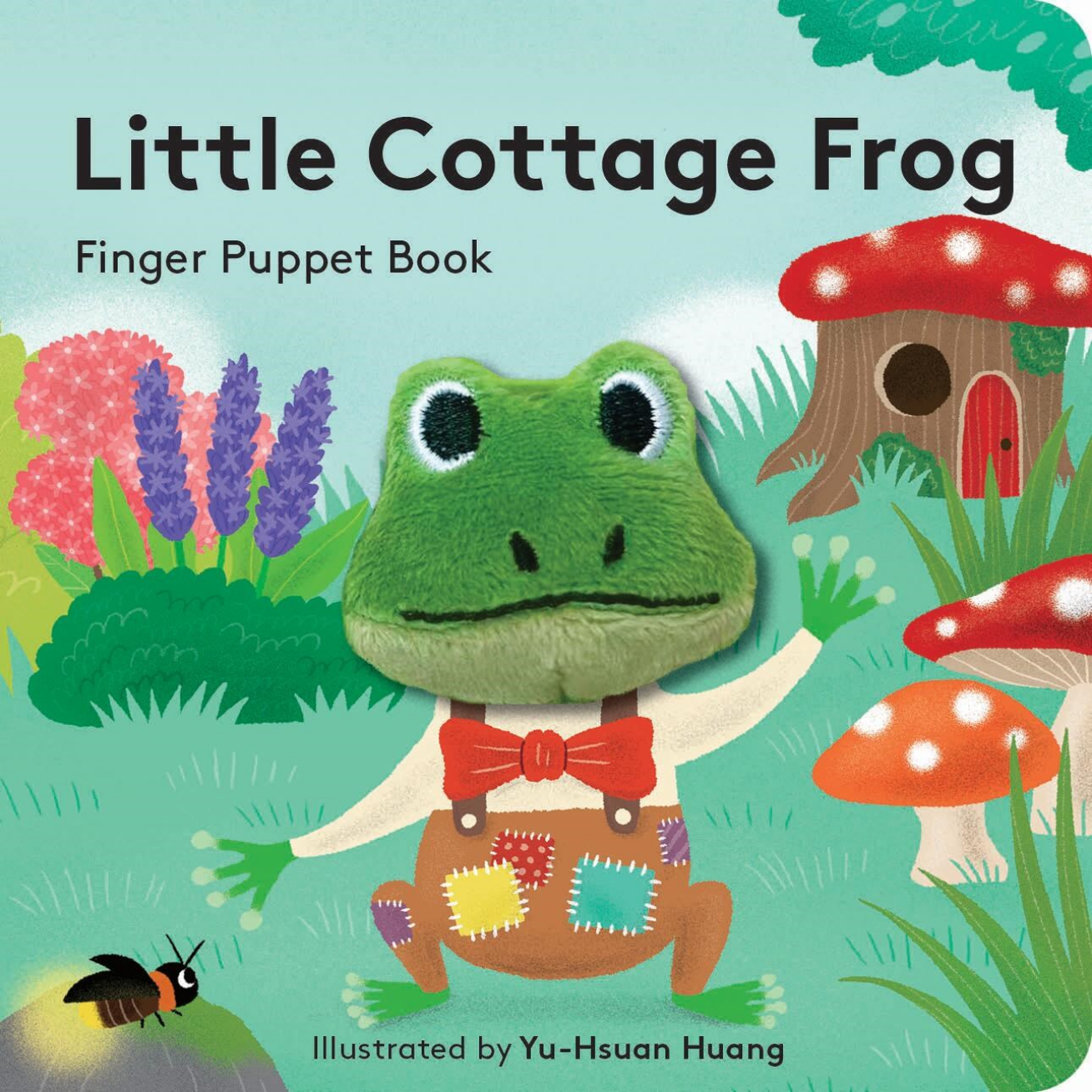 Finger puppet book cover with a frog character, mushrooms, and flowers on a light blue background.