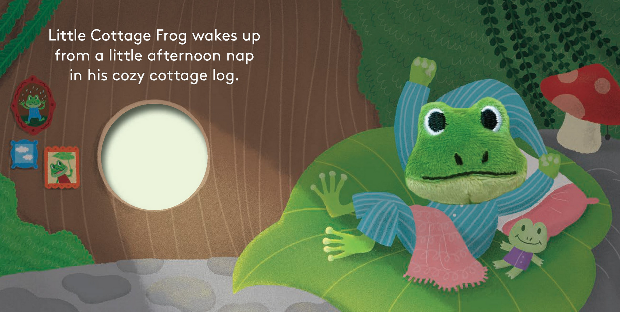 Illustration of a frog waking up from a nap in a cozy cottage log with a warm glow.