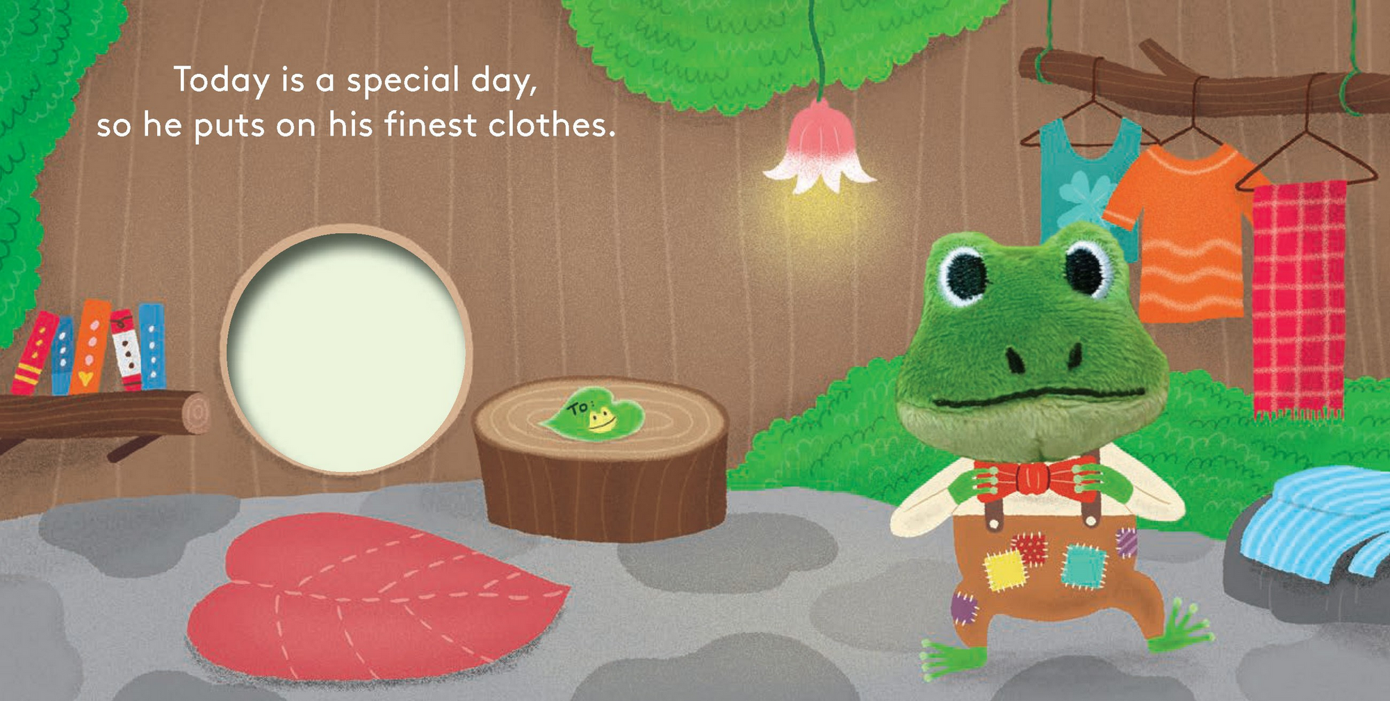Illustration of a frog character getting ready for a special day, with clothes and a mirror in the background.