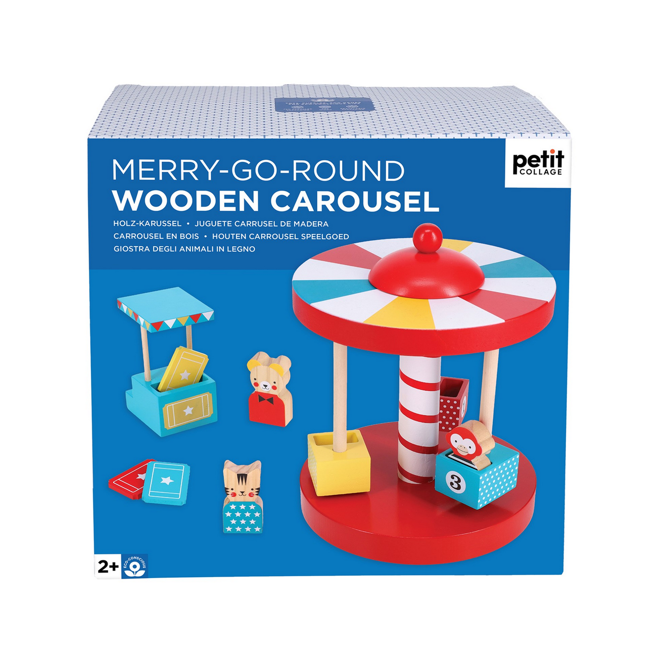 Boxed Merry-Go-Round Wooden Carousel toy by Petit Collage on a white background