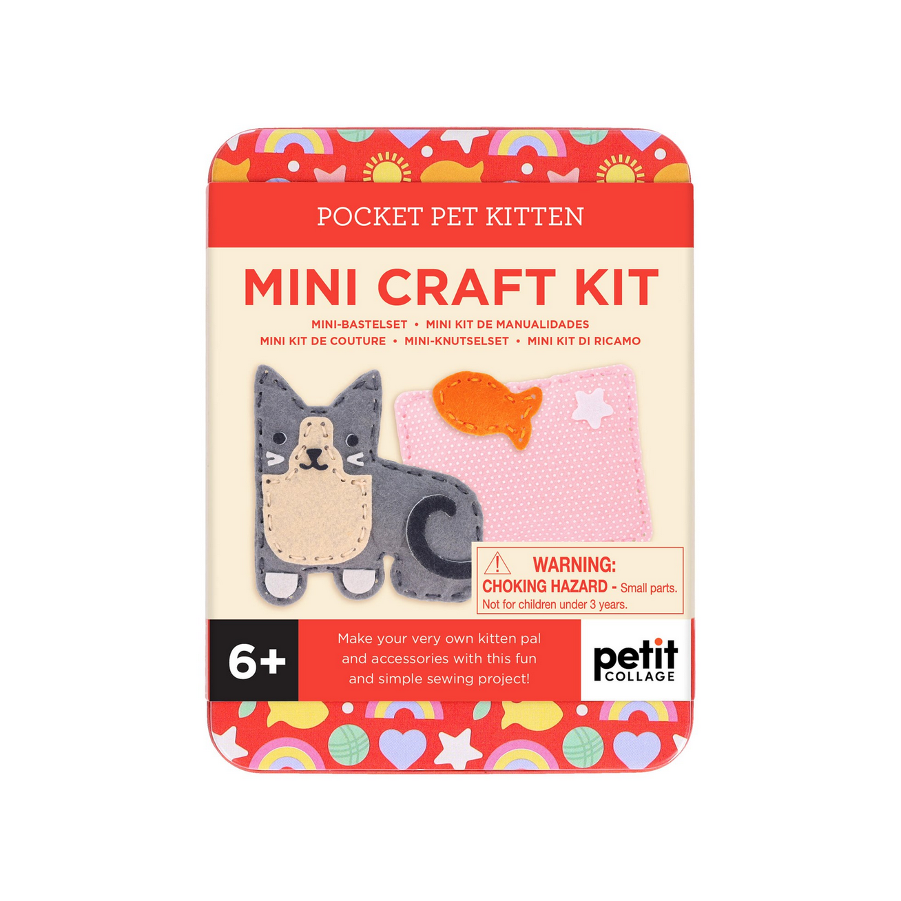 Mini craft kit packaging for making a pocket pet kitten with colorful design and petit collage branding.