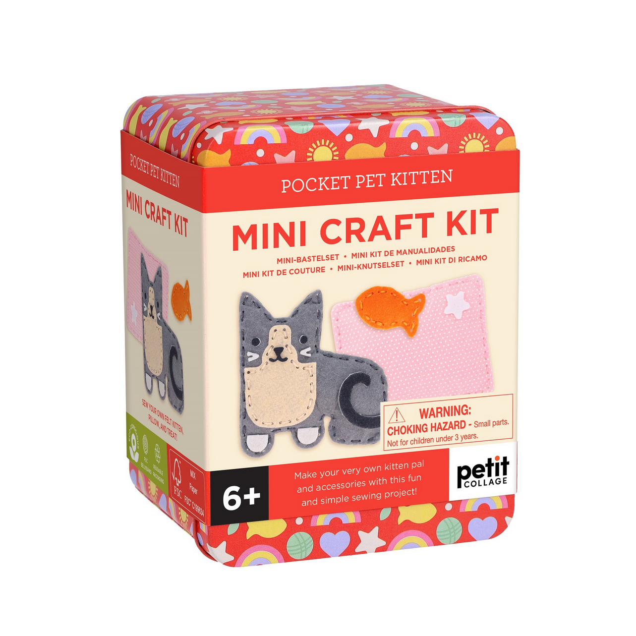 Mini craft kit packaging with colorful design and pet-themed illustrations on a white background