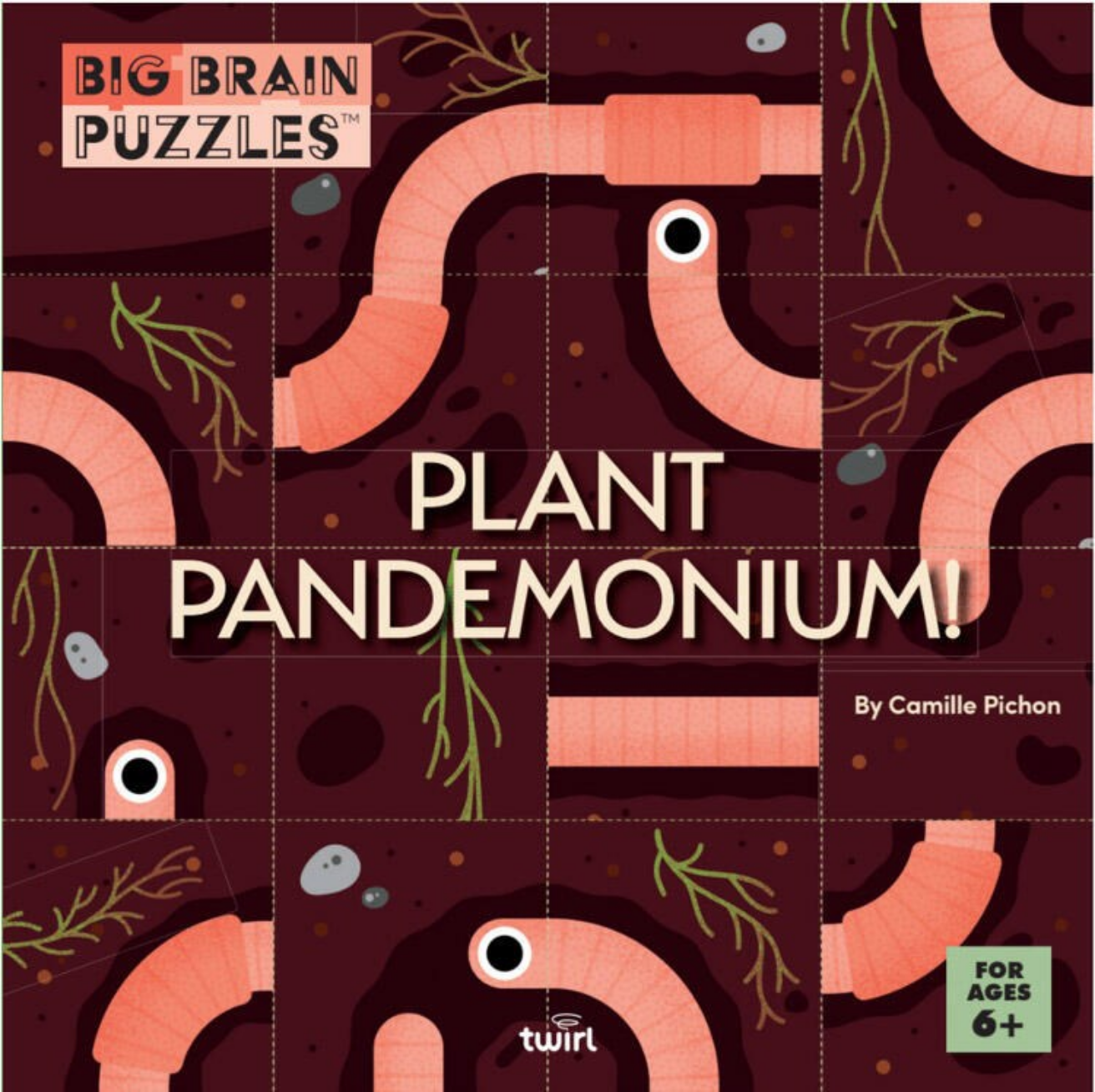 Book cover of 'Plant Pandemonium!' by Big Brain Puzzles with worm-like illustrations on a dark background.