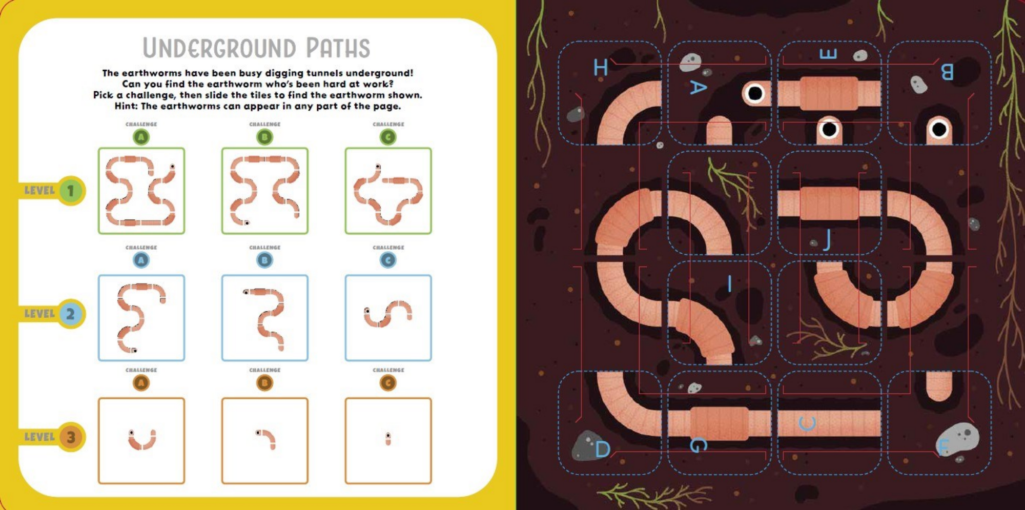 Educational puzzle with earthworm paths and letter shapes on a dark background