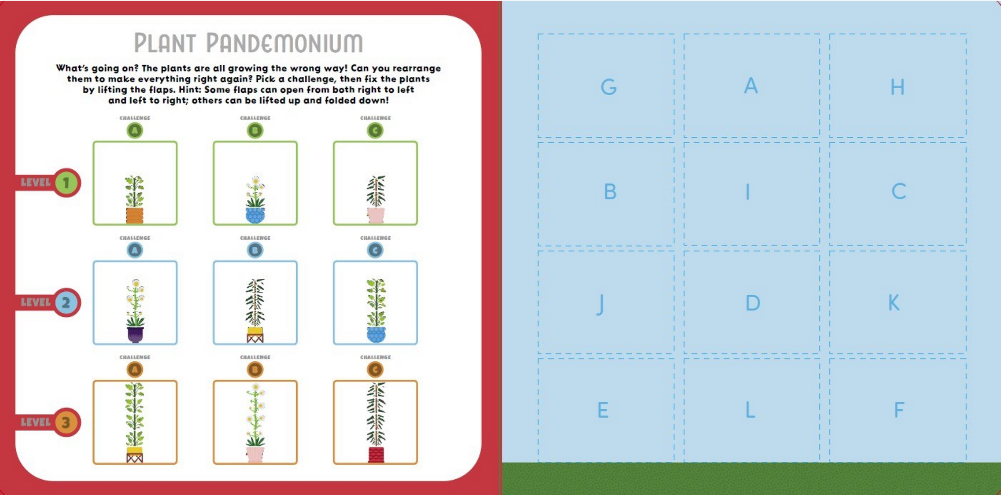 Educational game board with plant illustrations and letter tiles on a red and blue background