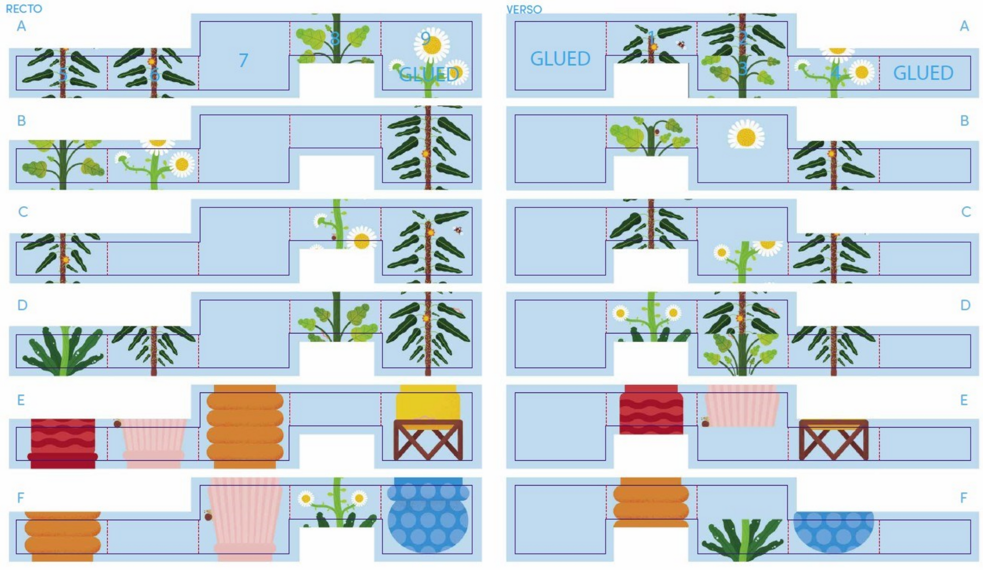Illustrations of plants and objects on a blue background