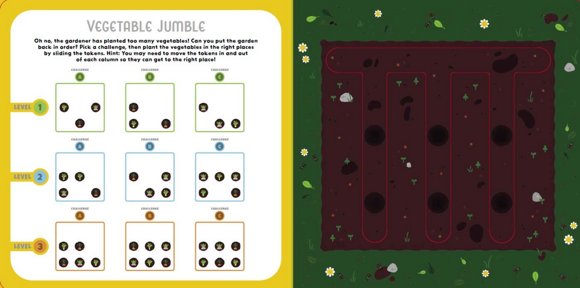 Educational game page with vegetable puzzle on a green background