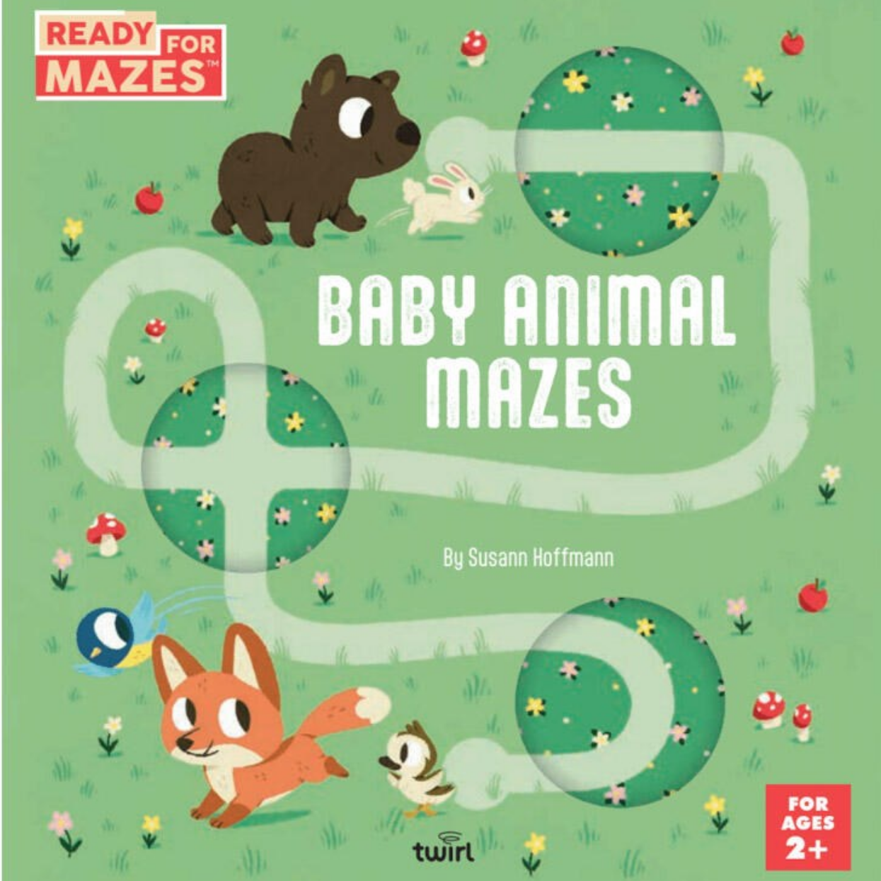Book cover of 'Baby Animal Mazes' with cartoon animals and mazes on a green background.