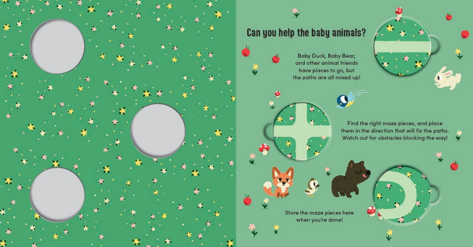 Educational children's book page with animal illustrations and puzzle pieces on a green background.