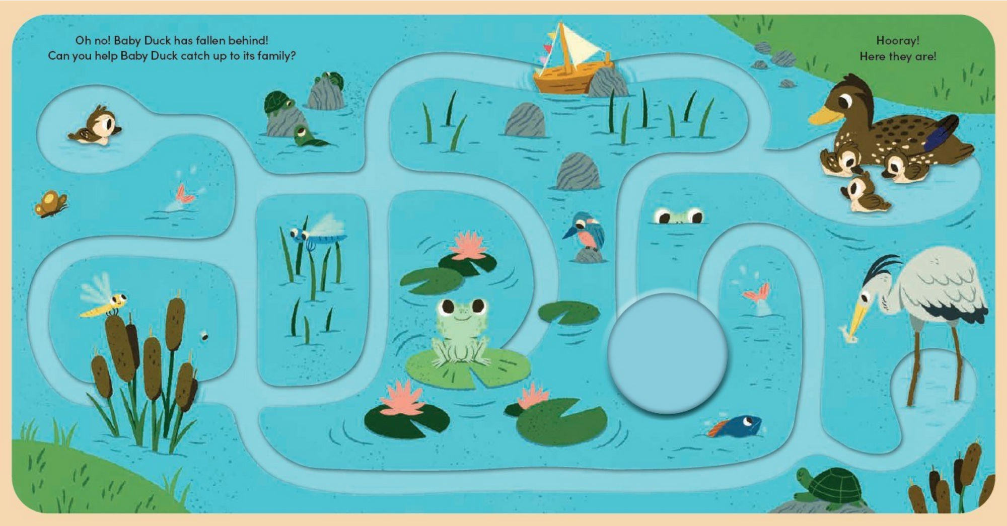 Children's educational puzzle with a pond scene, animals, and a boat.